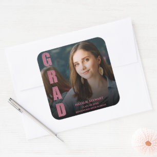 Modern Faux Rose Gold Bold Font Photo Graduation Square Sticker