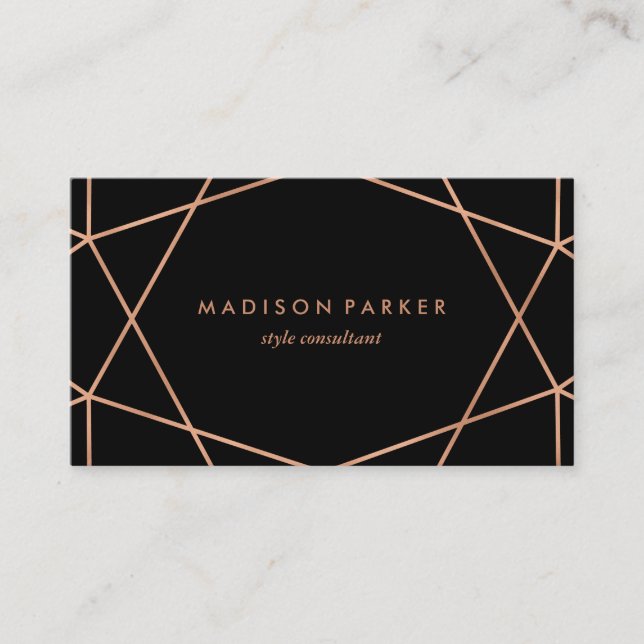 Modern Faux Rose Gold Geometric on Black Business Card (Front)