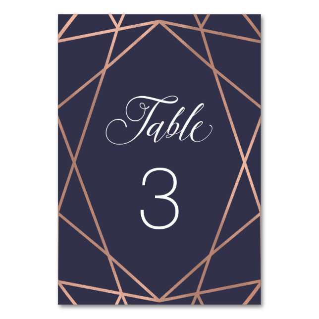 Modern Faux Rose Gold Geometric on Midnight Blue Table Number (Front)