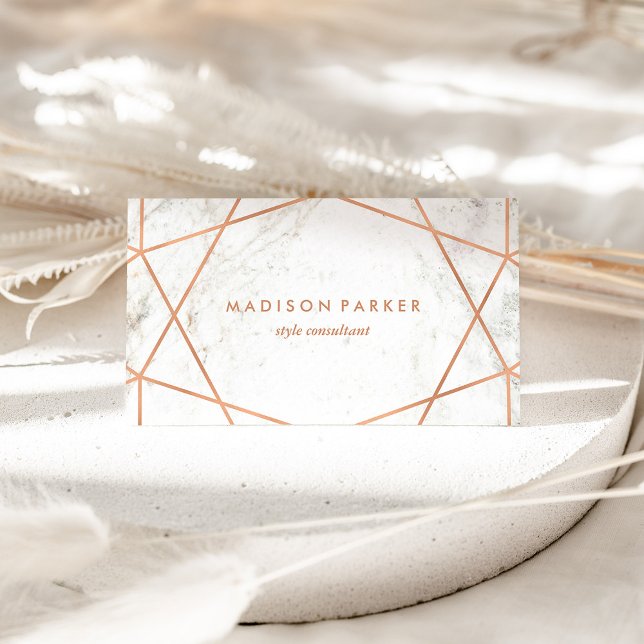 Modern Faux Rose Gold Geometric on White Marble Business Card (Creator Uploaded)