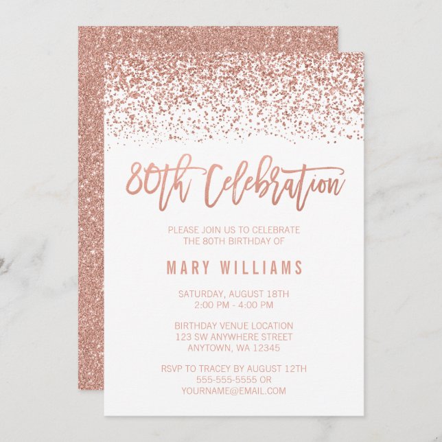 Modern Faux Rose Gold Glitter 80th Birthday Invitation (Front/Back)