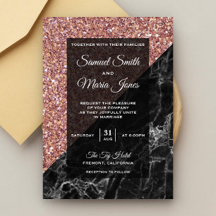 Modern Faux Rose Gold Glitter Black Marble Wedding Invitation