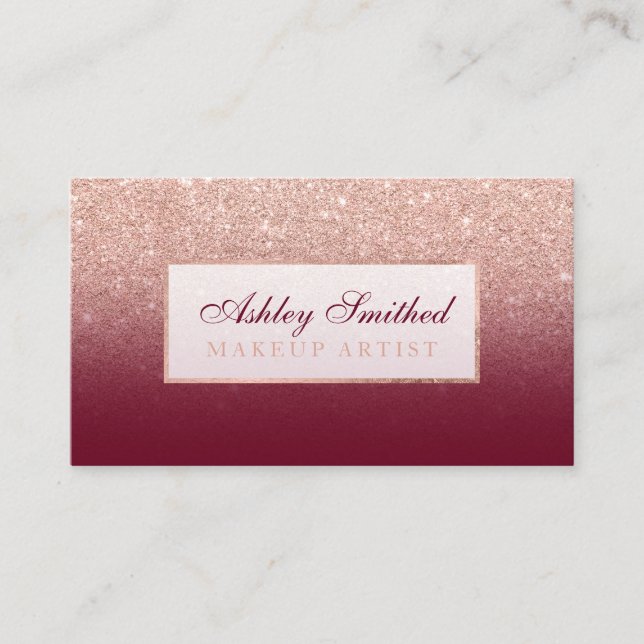 Modern faux rose gold glitter burgundy makeup business card (Front)