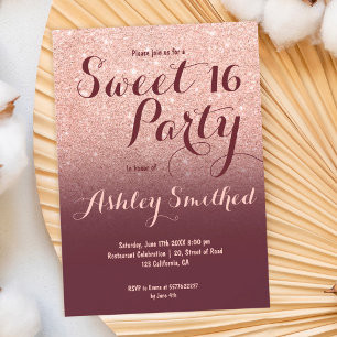 Modern faux rose gold glitter burgundy Sweet 16 Invitation