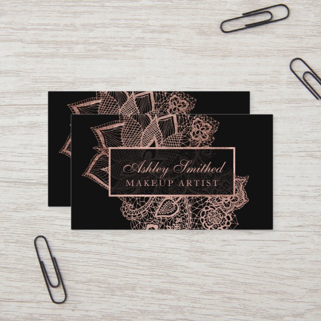 Modern faux rose gold glitter floral lace makeup business card (Front/Back In Situ)