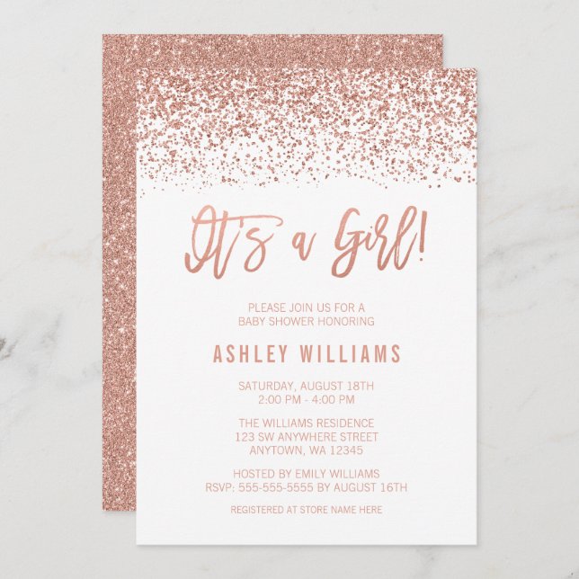 Modern Faux Rose Gold Glitter Girl Baby Shower Invitation (Front/Back)