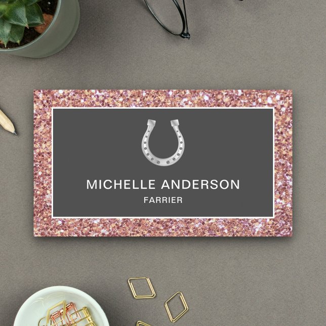 Modern Faux Rose Gold Glitter Horseshoe Farrier Business Card (Creator Uploaded)