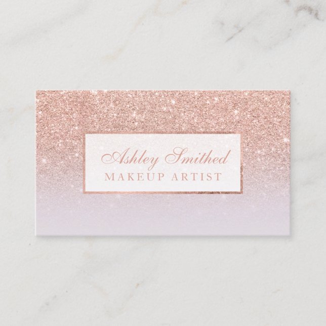 Modern faux rose gold glitter lilac ombre makeup business card (Front)