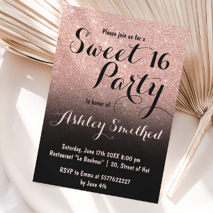 Modern faux rose gold glitter ombre black Sweet 16 Invitation