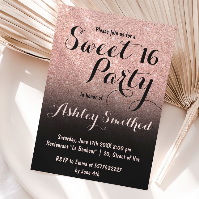 Modern faux rose gold glitter ombre black Sweet 16 Invitation (Creator Uploaded)