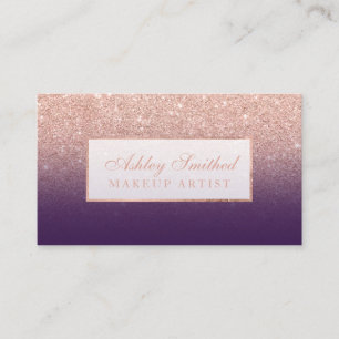 Modern faux rose gold glitter purple ombre makeup business card