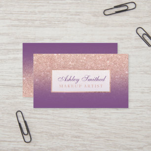 Modern faux rose gold glitter purple ombre makeup business card