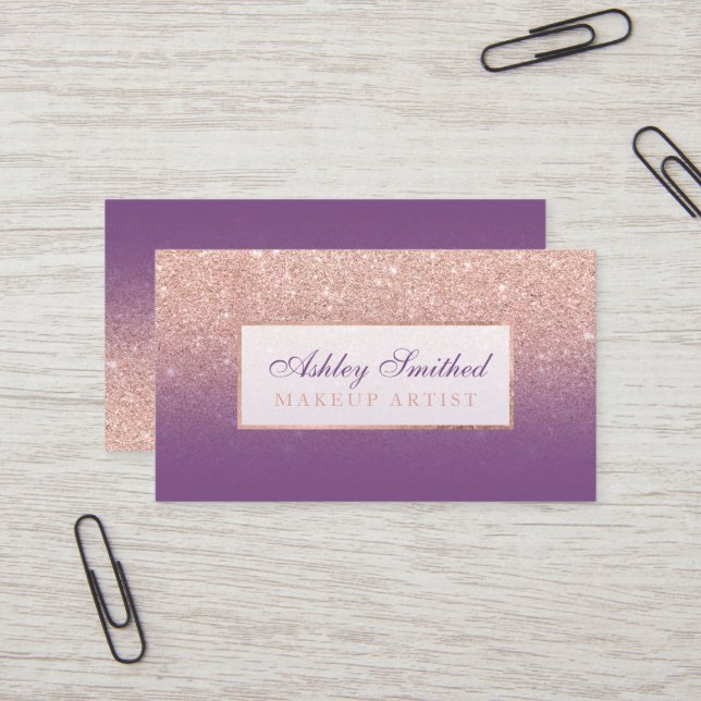 Modern faux rose gold glitter purple ombre makeup business card (Front/Back In Situ)