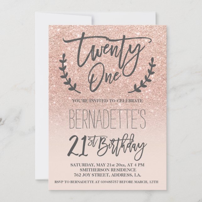 Modern faux rose gold glitter script 21st Birthday Invitation (Front)