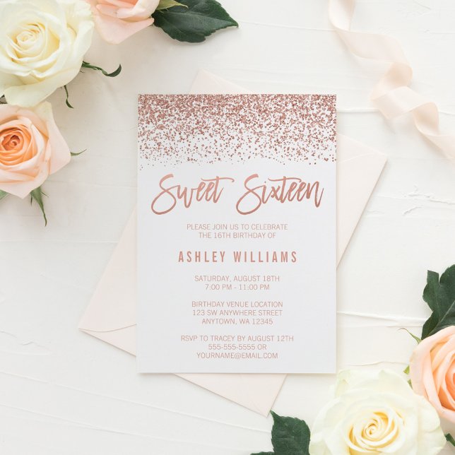 Modern Faux Rose Gold Glitter Sweet 16 Birthday Invitation (Creator Uploaded)