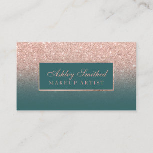 Modern faux rose gold glitter teal ombre makeup business card