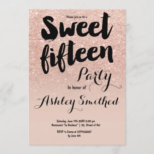 Modern faux rose gold glitter typography Sweet 15 Invitation