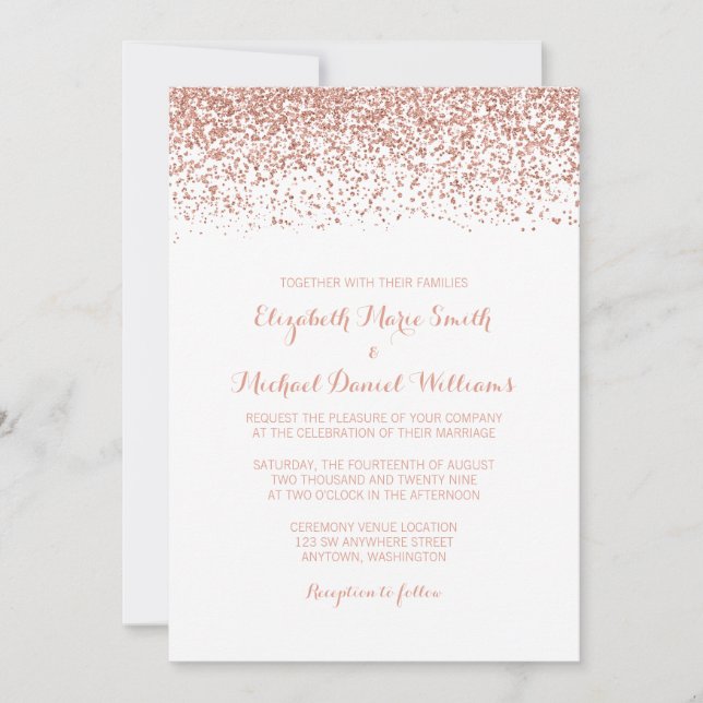 Modern Faux Rose Gold Glitter Wedding Invitations (Front)