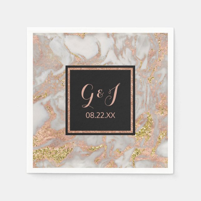 Modern Faux Rose Gold Marble Monogram Wedding Napkin (Front)