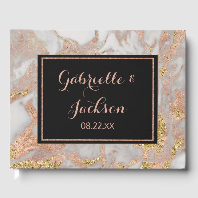 Modern Faux Rose Gold Marble Personalised Wedding Guest Book (Front)