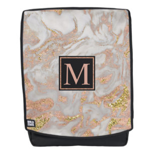 Modern Faux Rose Gold Marble Swirl Monogram Backpack