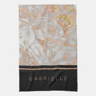Modern Faux Rose Gold Marble Swirl Monogram Tea Towel