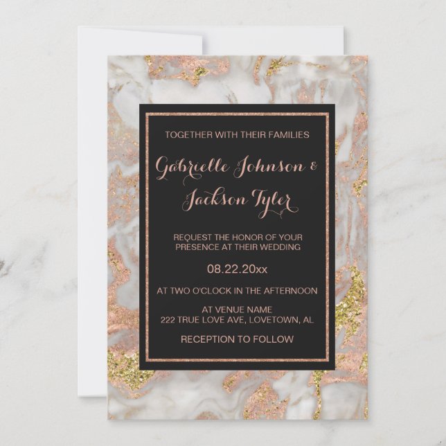 Modern Faux Rose Gold Marble Wedding Invitations (Front)
