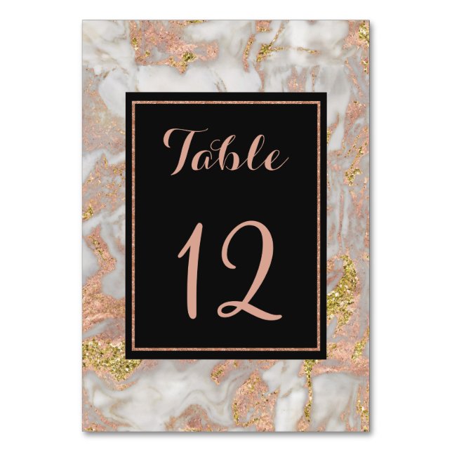 Modern Faux Rose Gold Marble Wedding Table Number (Front)