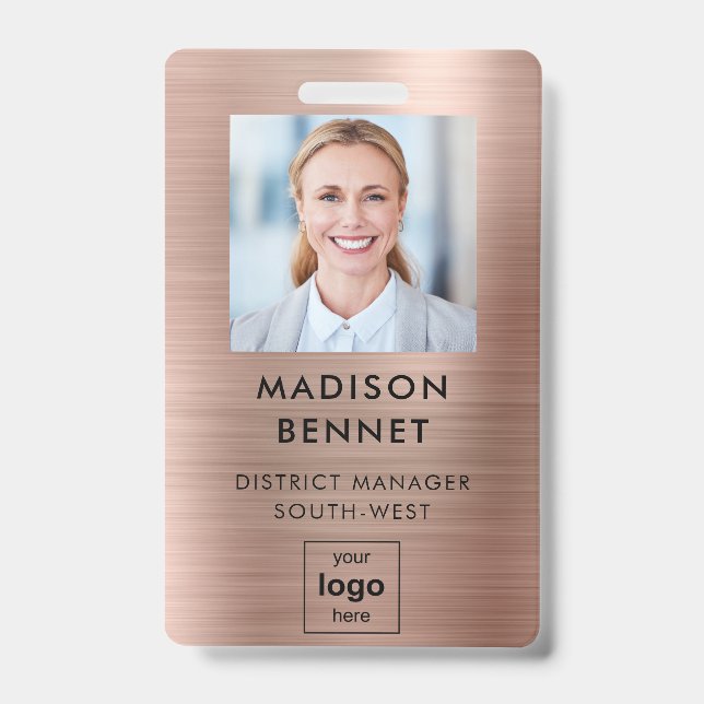 Modern Faux Rose Gold Metallic Corporate Photo ID Badge (Front)