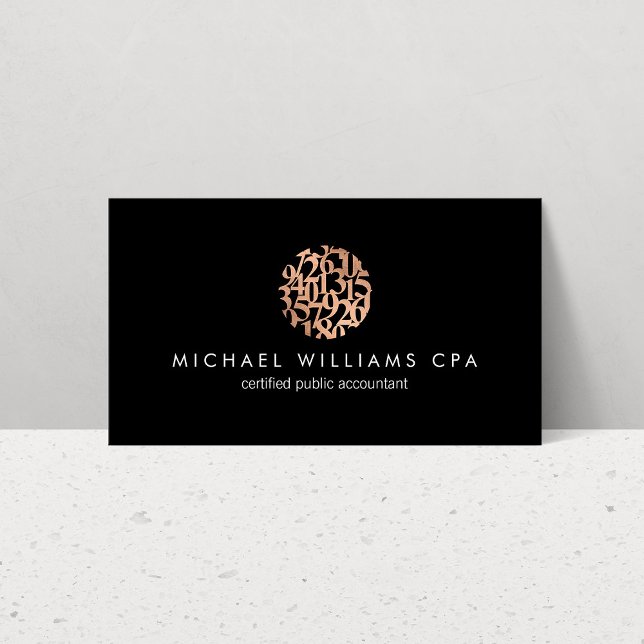 Modern Faux Rose Gold Numbers Accountant Black Business Card (Creator Uploaded)