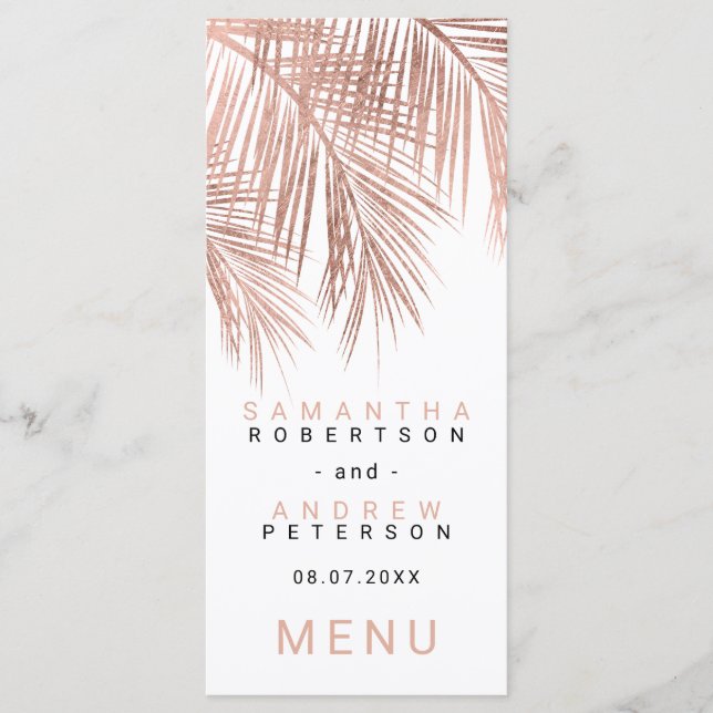 Modern faux rose gold palm tree elegant wedding menu (Front)