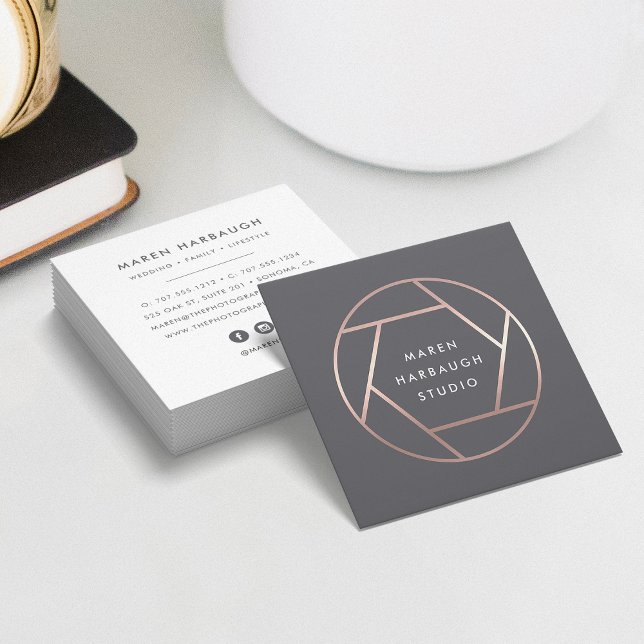 Modern Faux Rose Gold Photographer Logo Square Business Card (Creator Uploaded)