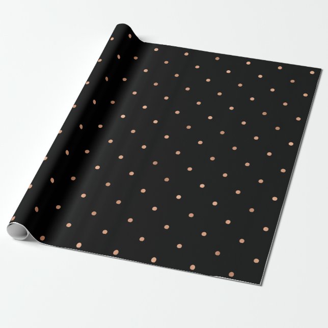 Modern Faux Rose Gold Polka Dots on Black Wrapping Paper (Unrolled)