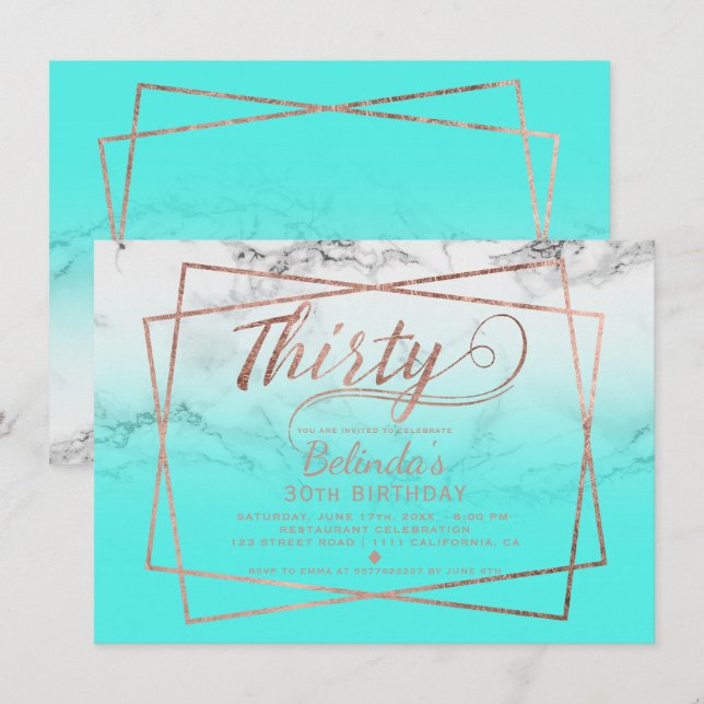 Modern faux rose gold script marble teal thirty invitation (Front/Back)