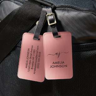 Modern Faux Rose Gold Script Monogram Personalised Luggage Tag