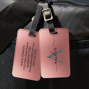 Modern Faux Rose Gold Script Monogram Personalized Luggage Tag