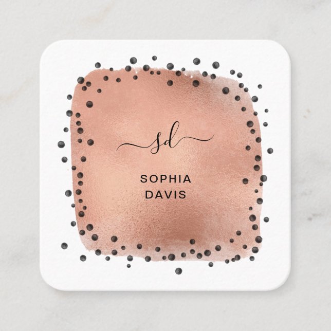 Modern Faux Rose Gold with Black Dots Square Business Card (Front)