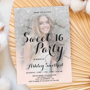 Modern faux silver glitter blush photo Sweet 16 Invitation