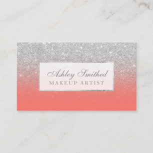 Modern faux silver glitter coral ombre makeup business card