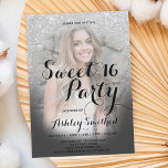 Modern faux silver glitter ombre photo Sweet 16 Invitation<br><div class="desc">A modern,  pretty faux silver glitter shower ombre with grey colour block Sweet 16 birthday party invitation with your custom photo with silver ombre pattern fading onto a grey black background. Perfect for a princess Sweet sixteen.</div>