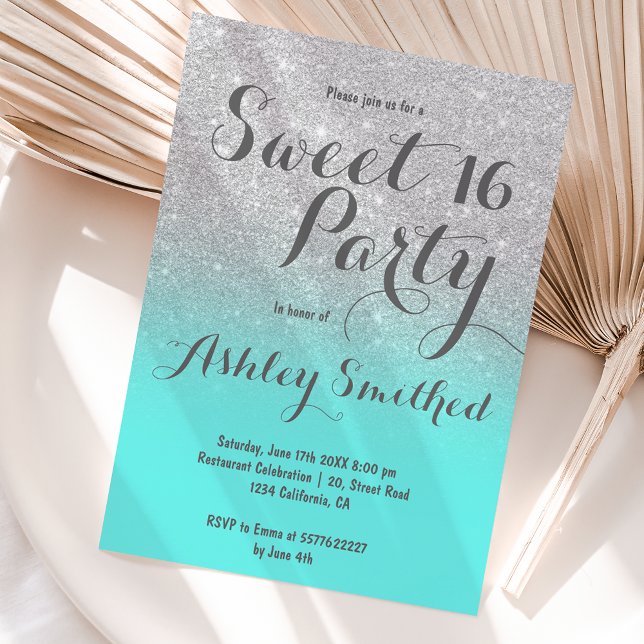Modern faux silver glitter teal ombre Sweet 16 Invitation (Creator Uploaded)
