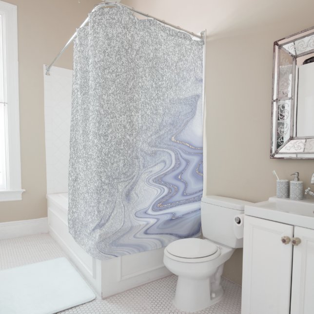Modern faux silver ombre marble glitter shower curtain (In Situ)