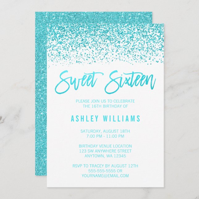 Modern Faux Teal Glitter Sweet 16 Birthday Invite (Front/Back)