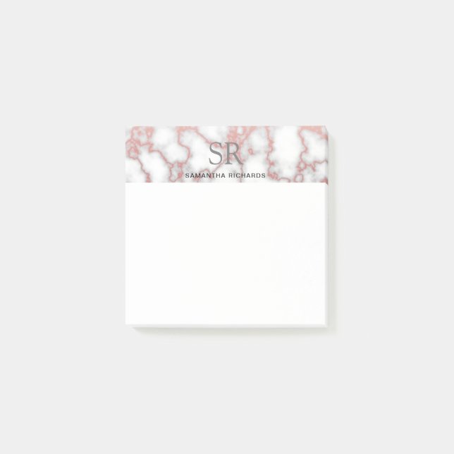 Modern faux white marble rose gold pattern name post-it notes (Front)