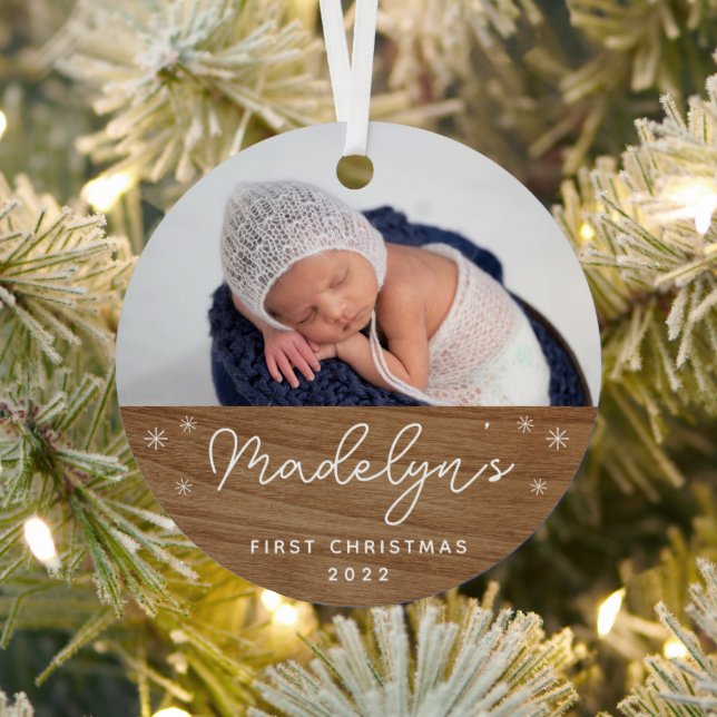 Modern Faux Wood Baby's First Christmas Photo Metal Tree Decoration (Insitu)