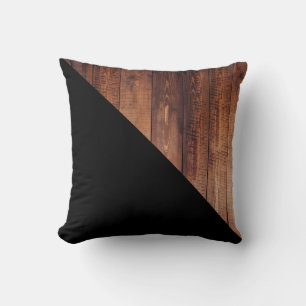 Modern Faux Wood Planks & Black Diagonal Cushion