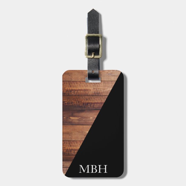 Modern Faux Wood Planks & Black Diagonal Luggage Tag (Front Vertical)