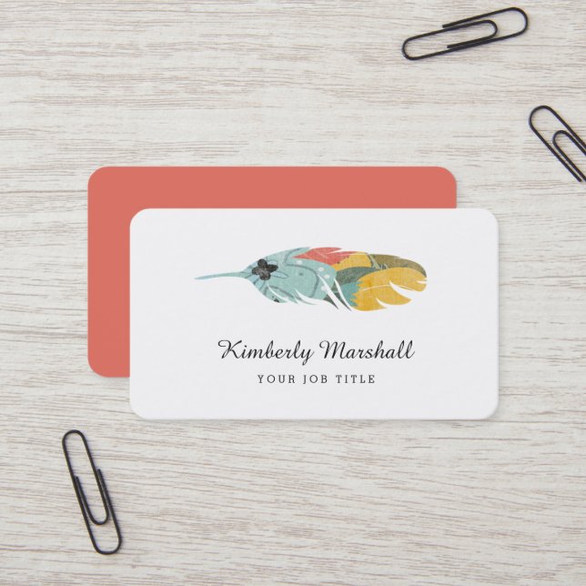 Modern Feather Business Cards / Melon (Front/Back In Situ)