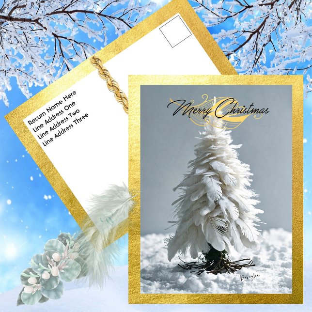Modern Feather Christmas Tree Holiday Postcard (Capture Your Recipients Heart - White Feather  Tree - Surrounded in Opulent Gold)