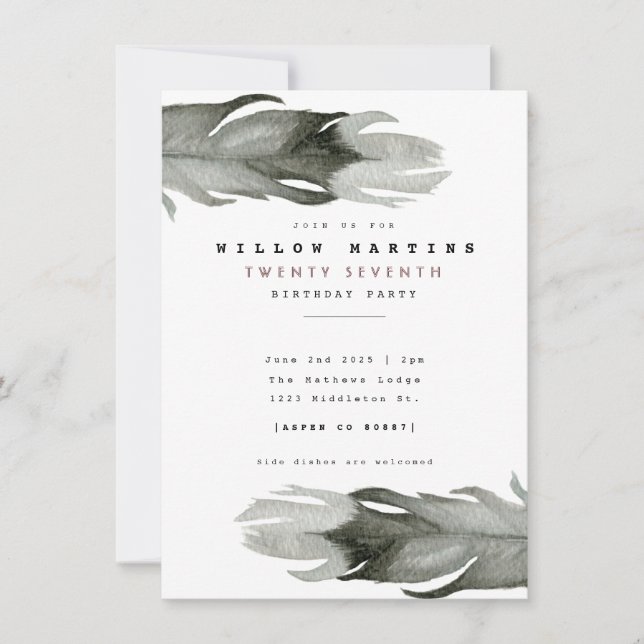Modern Feather Watercolor Birthday Invite (Front)